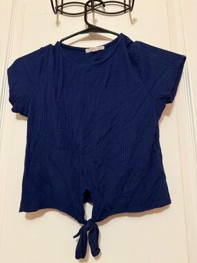 Copper Key Navy Ribbed Knit Top with Tie Front